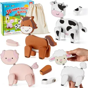 Farm Animal Snap Together Building Toys Wooden Take Apart Cow Horse Sheep Pig Toy STEM Montessori Educational Fine Motor Skill 3D Puzzle Gift for Preschool Kids 3-8 Learning Activity Game