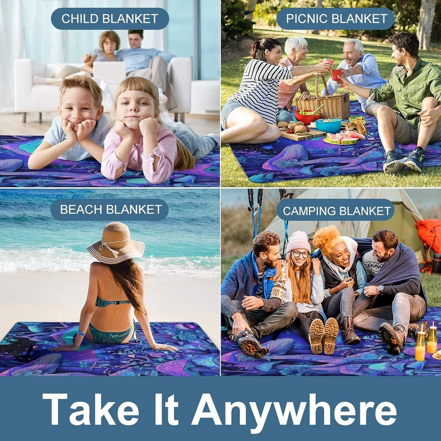 Fashion Beach Mat for Women Men Unisex, Sandproof Magic Mushroom Mushrooms Scenery Blanket Easy to Clean, Waterproof Blanket for Camping Picnic
