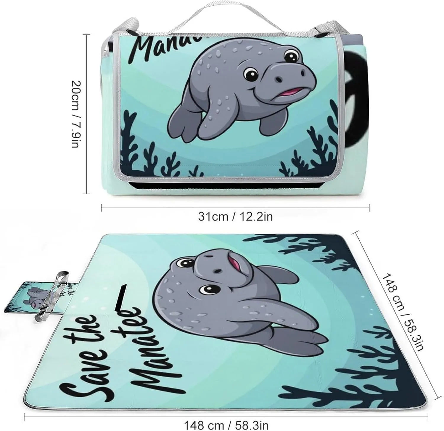 Fashion Beach Mat for Women Men Unisex, Sandproof Save Manatee Art Blanket Easy to Clean, Waterproof Blanket for Camping Picnic