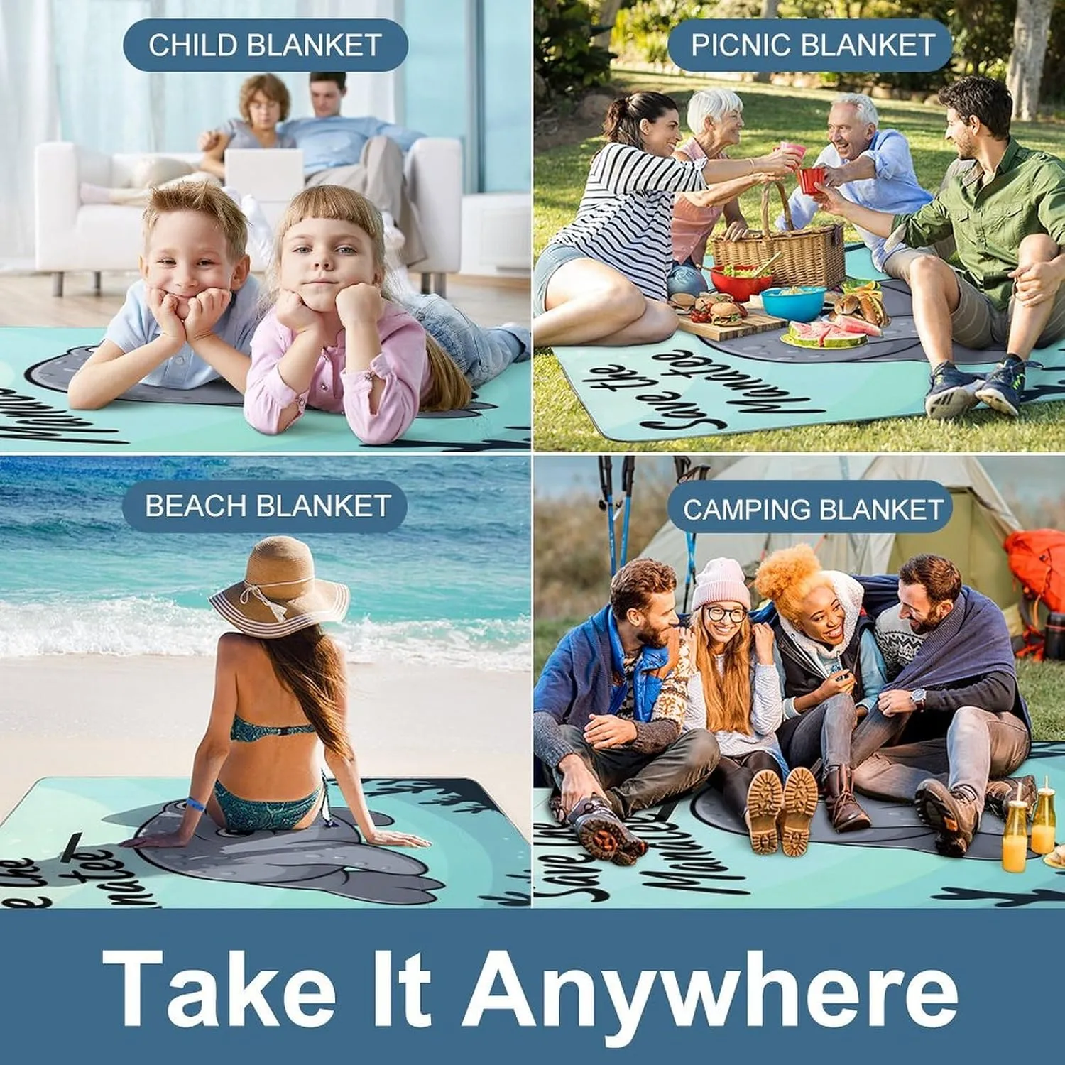 Fashion Beach Mat for Women Men Unisex, Sandproof Save Manatee Art Blanket Easy to Clean, Waterproof Blanket for Camping Picnic