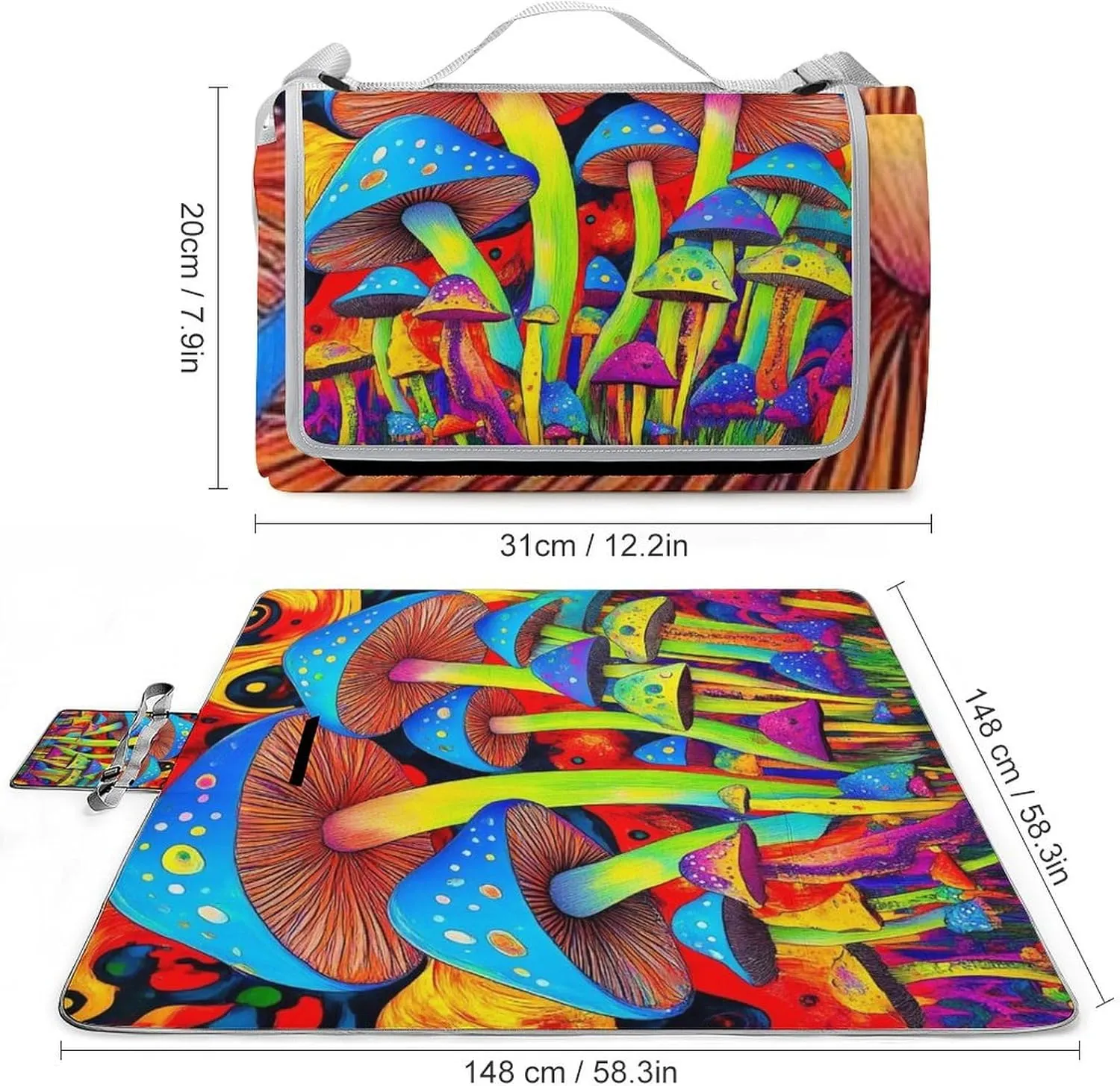 Fashion Beach Mat for Women Men Unisex, Sandproof Trippy Tie Dye Magic Mushrooms Art Blanket Easy to Clean, Waterproof Blanket for Camping Picnic