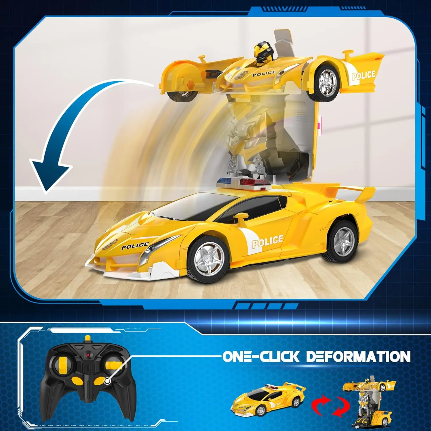 FDJ Remote Control Car - 2 in 1 Transform Car Robot, One Button Deformation to Robot with Flashing Lights, 1:18 Scale Transforming, 360 Degree Rotating Drifting Toys for 5  Year Old Boys
