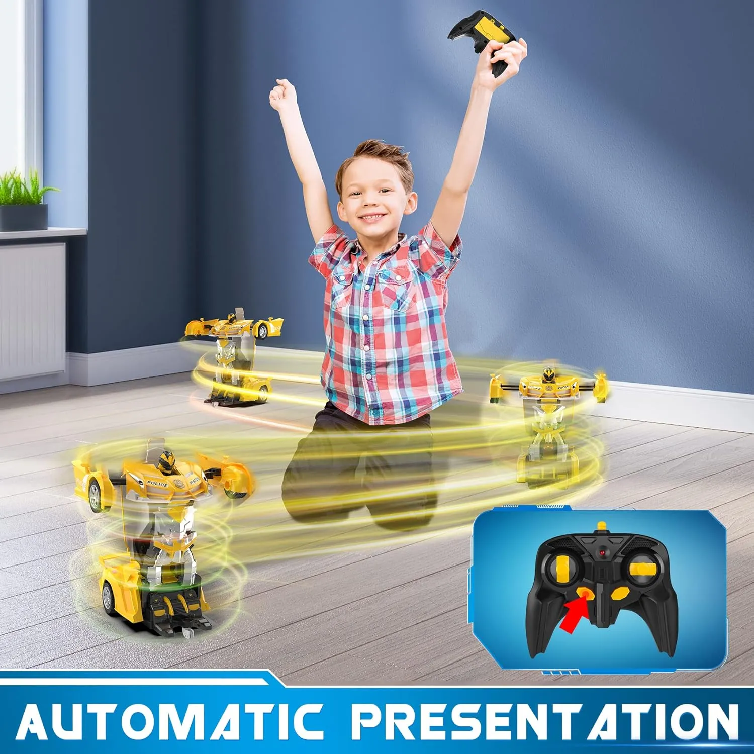 FDJ Remote Control Car - 2 in 1 Transform Car Robot, One Button Deformation to Robot with Flashing Lights, 1:18 Scale Transforming, 360 Degree Rotating Drifting Toys for 5  Year Old Boys