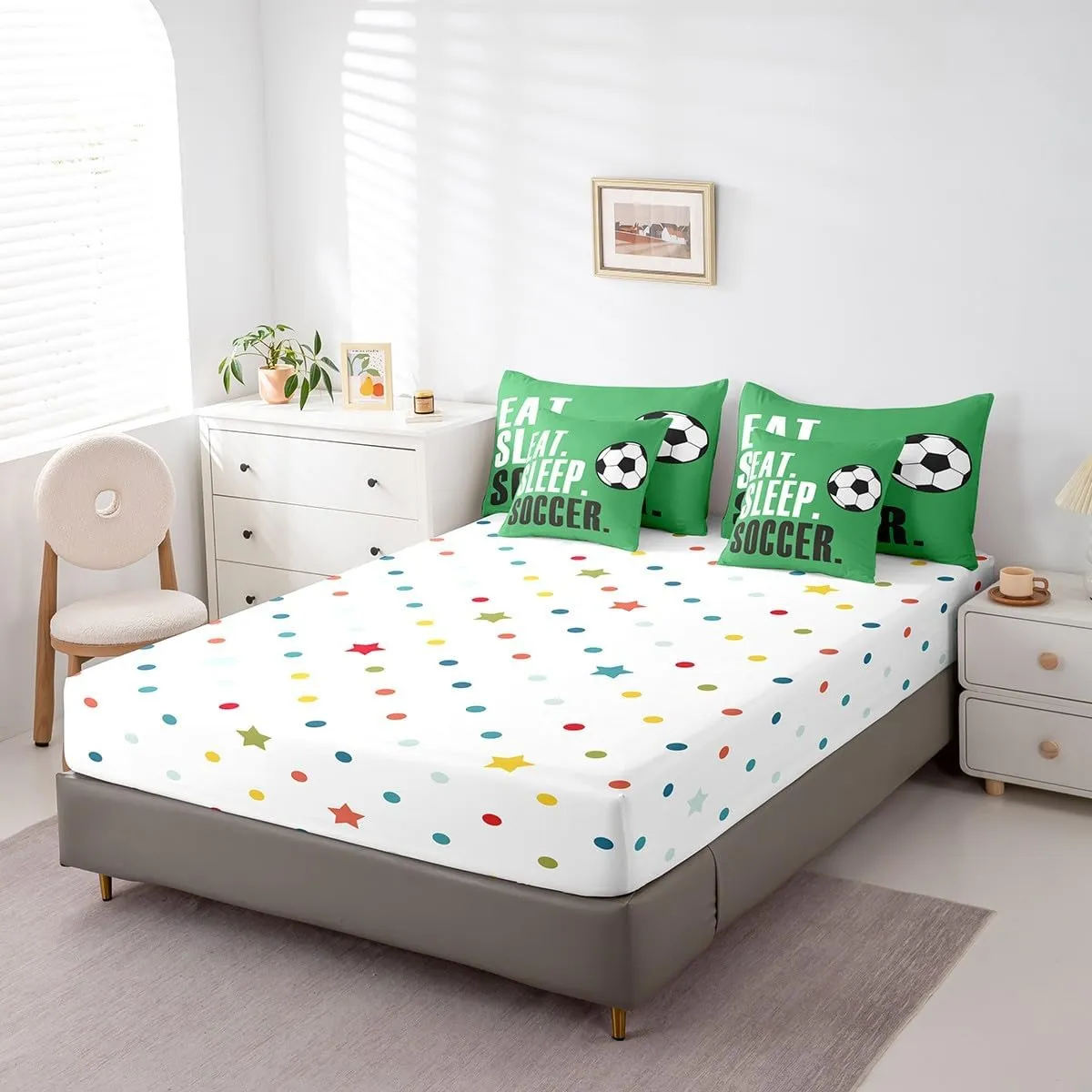 Feelyou Football Comforter Set 7 Piece Soccer Ball Sports Bedding Twin Comforter Set for Boys Girls Women Men Green Eat Sleep Football Bedding Set Ball Games Room Decor Bed in a Bag