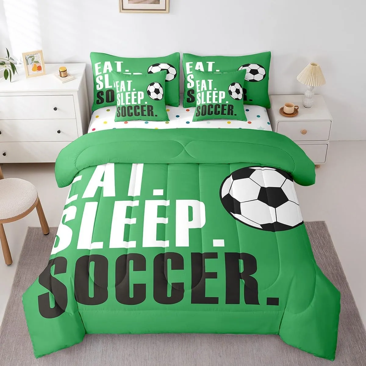 Feelyou Football Comforter Set 7 Piece Soccer Ball Sports Bedding Twin Comforter Set for Boys Girls Women Men Green Eat Sleep Football Bedding Set Ball Games Room Decor Bed in a Bag