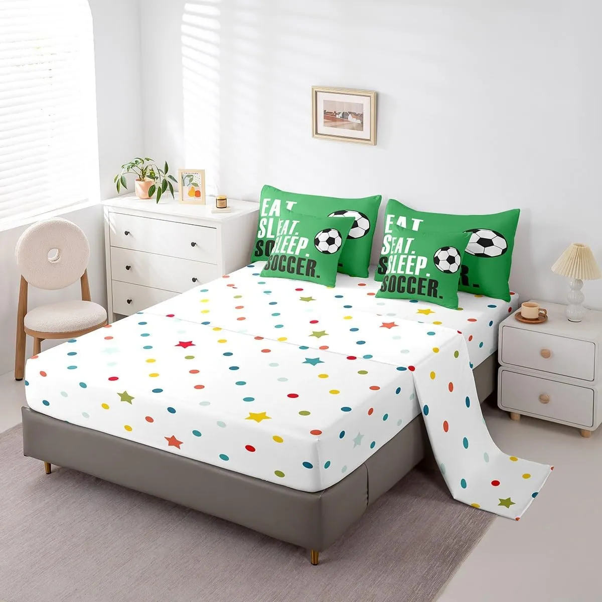 Feelyou Football Comforter Set 7 Piece Soccer Ball Sports Bedding Twin Comforter Set for Boys Girls Women Men Green Eat Sleep Football Bedding Set Ball Games Room Decor Bed in a Bag