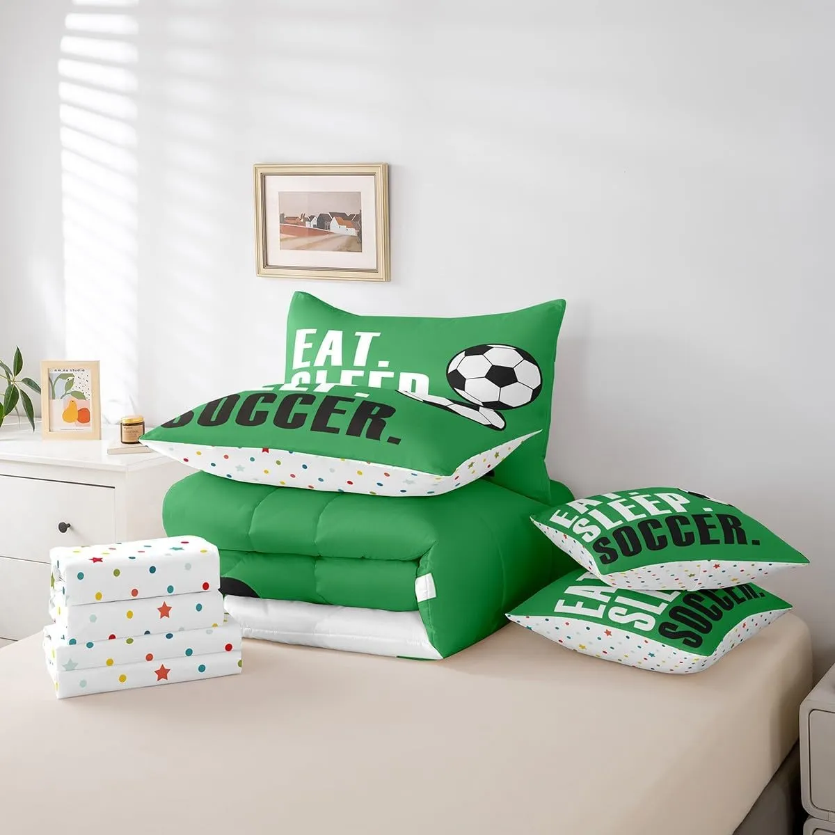 Feelyou Football Comforter Set 7 Piece Soccer Ball Sports Bedding Twin Comforter Set for Boys Girls Women Men Green Eat Sleep Football Bedding Set Ball Games Room Decor Bed in a Bag