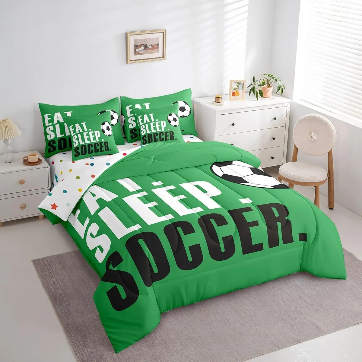 Feelyou Football Comforter Set 7 Piece Soccer Ball Sports Bedding Twin Comforter Set for Boys Girls Women Men Green Eat Sleep Football Bedding Set Ball Games Room Decor Bed in a Bag