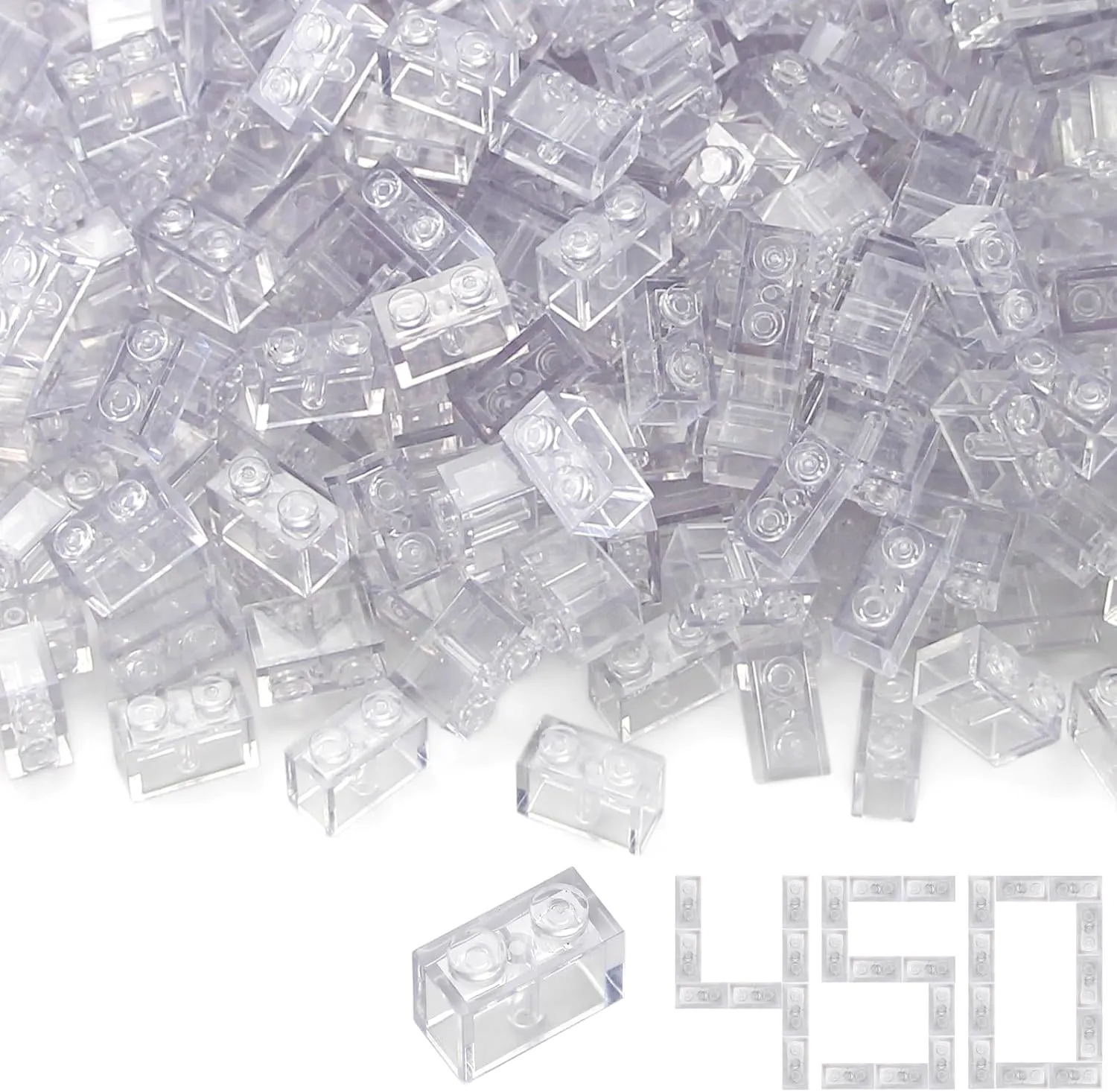 Feleph 1x2 Bricks Bulk 450 Pieces Clear Classic Basic Parts Building Creative Play Set Blocks Toy Accessories Compatible with 3004 Major Brands