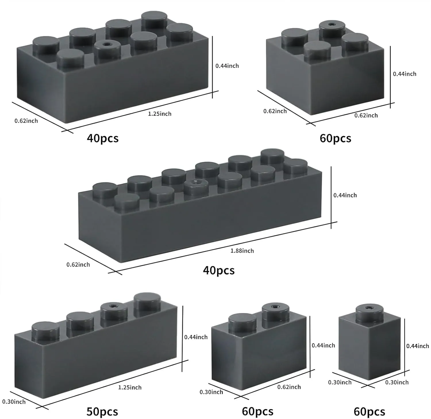 Feleph 6 Sized Classic Bricks Mixed 310 Parts Pieces Dark Gray Bulk Set Creative Building Play Blocks Toy for Kids Compatible with Brand 2x4 2x6 1x1
