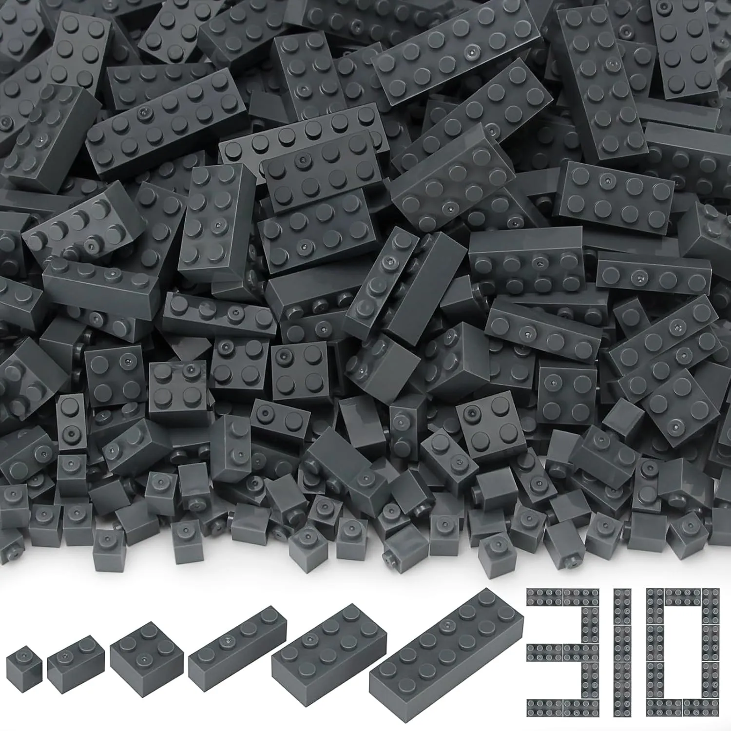 Feleph 6 Sized Classic Bricks Mixed 310 Parts Pieces Dark Gray Bulk Set Creative Building Play Blocks Toy for Kids Compatible with Brand 2x4 2x6 1x1
