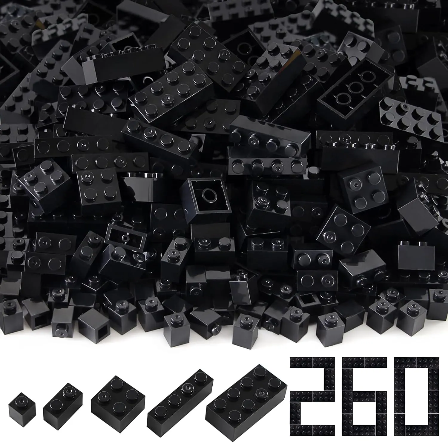 Feleph Mixed Sized Black Bulk Bricks Classic 260 Pieces Building Creative Play Blocks Set Parts Toy Kids Compatible with Major Brands