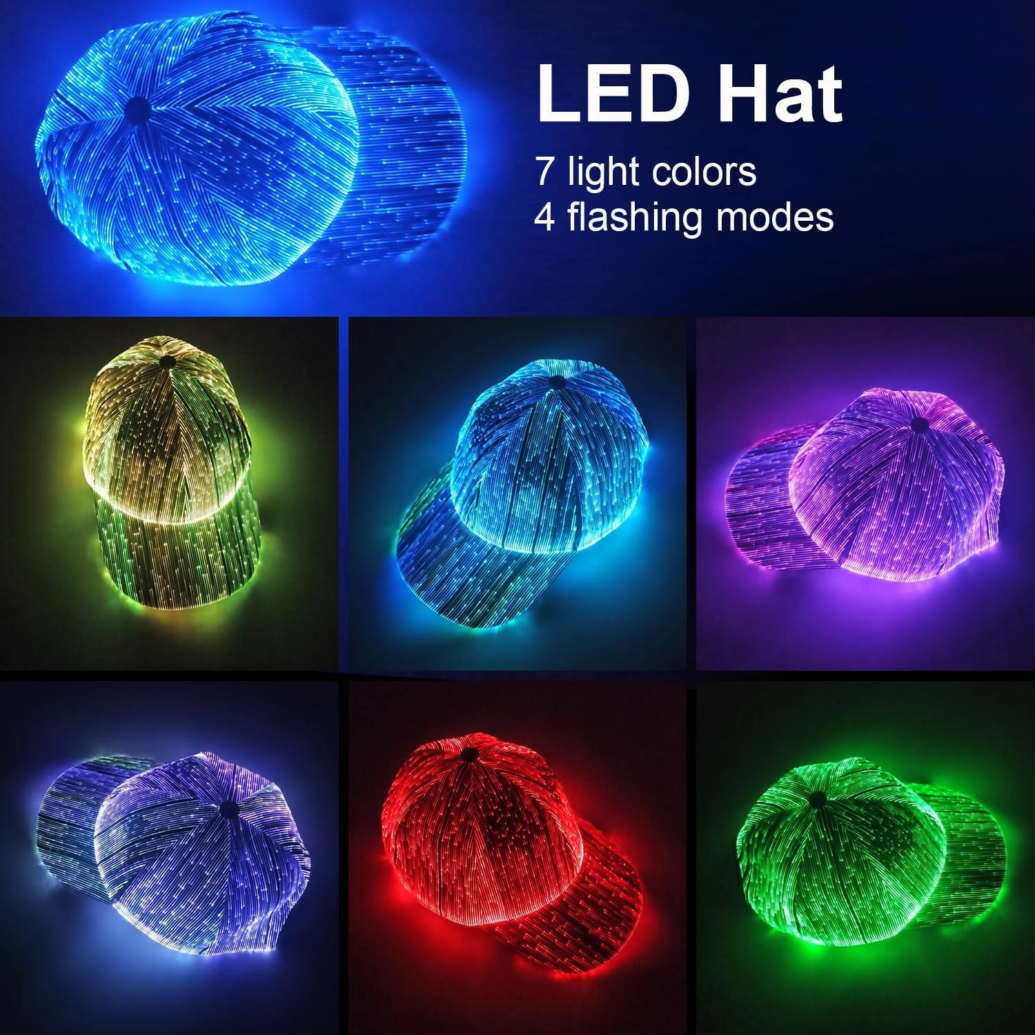 Fiber Optic Cap LED hat with 7 Colors Luminous Glowing EDC Baseball Hats USB Charging Light up caps led Crazy Cap Black