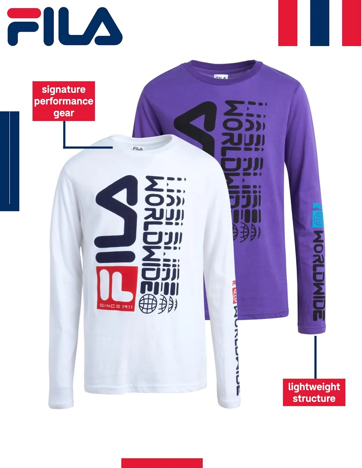 Fila Boys' Active T-Shirt - 2 Pack Athletic Performance Long Sleeve Shirt - Youth Activewear Tee for Boys, S-XL