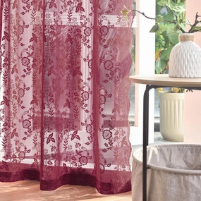 FINECITY Burgundy Lace Curtains 84 Inches Long - 2 Panels Rustic Leaf Floral Cottagecore Maroon Sheer Curtains for Living Room, Rod Pocket Light Filtering Privacy Merlot Window Drapes, 52 x 84 Inch