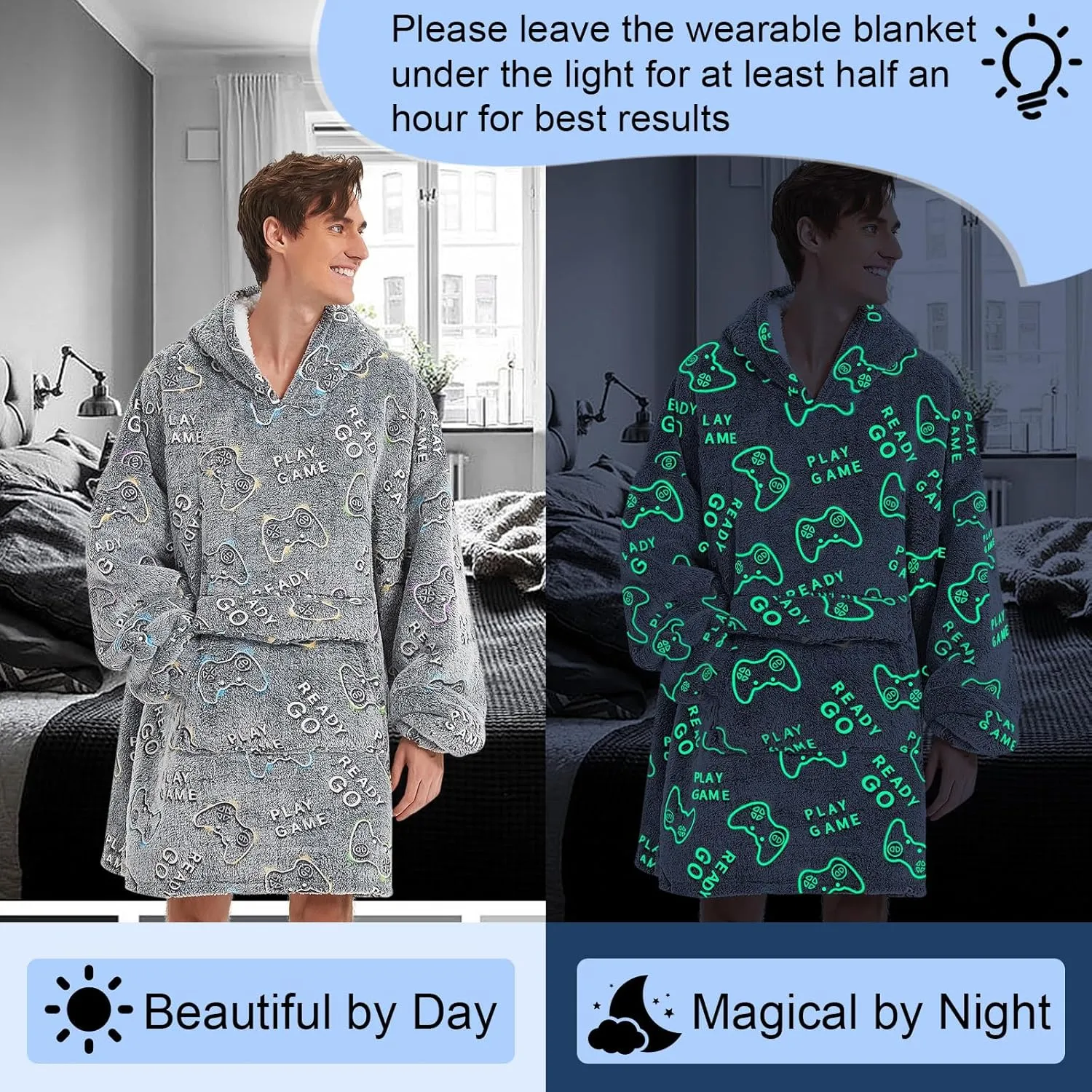 Fiosnow Glow in the Dark Game Controller Blanket Hoodies for Women and Men Adult Oversize Wearable Blanket Hoodies for Soft and Warm