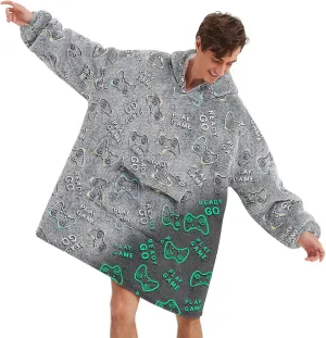 Fiosnow Glow in the Dark Game Controller Blanket Hoodies for Women and Men Adult Oversize Wearable Blanket Hoodies for Soft and Warm
