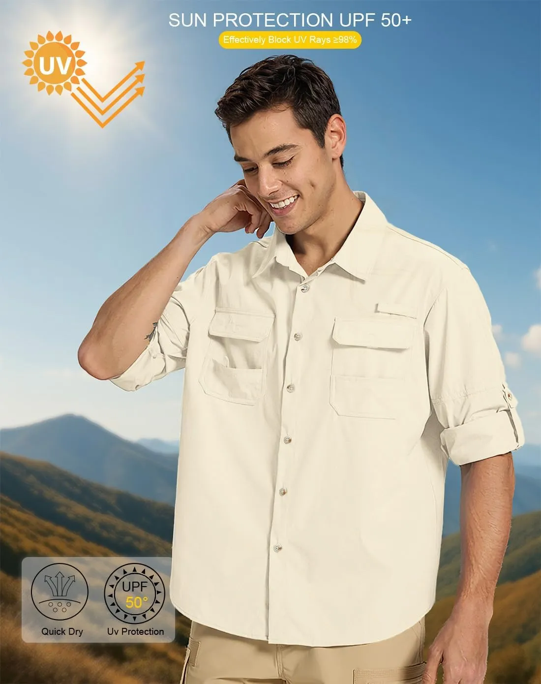 Fishing Shirts for Men Long Sleeve Sun Protection Outdoor Safari Shirt Men Clothes, Quick Dry Mens Fishing Shirts