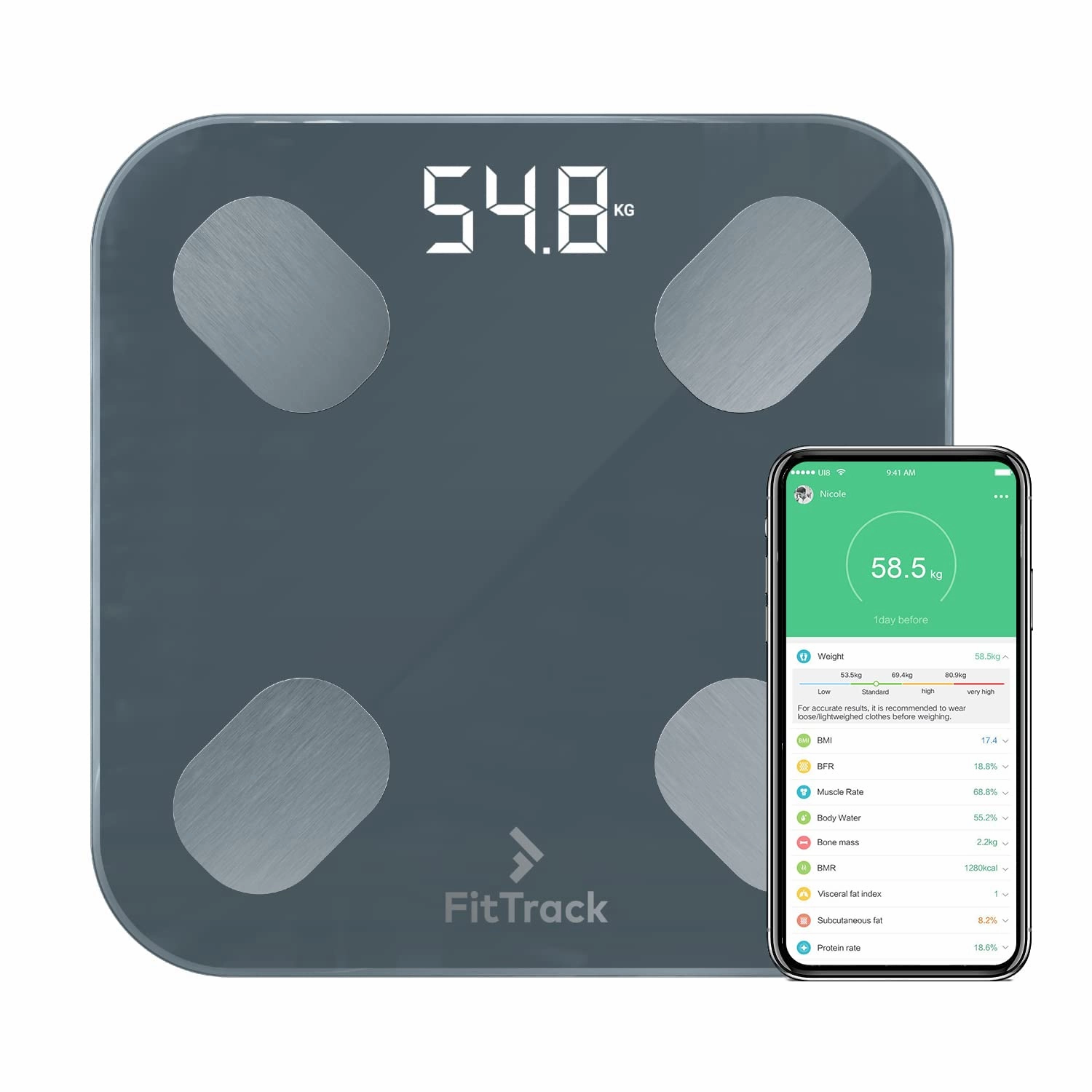 FitTrack Dara Smart BMI Digital Scale - Measure Weight and Body Fat - Most Accurate Bluetooth Glass Bathroom Scale (Black)