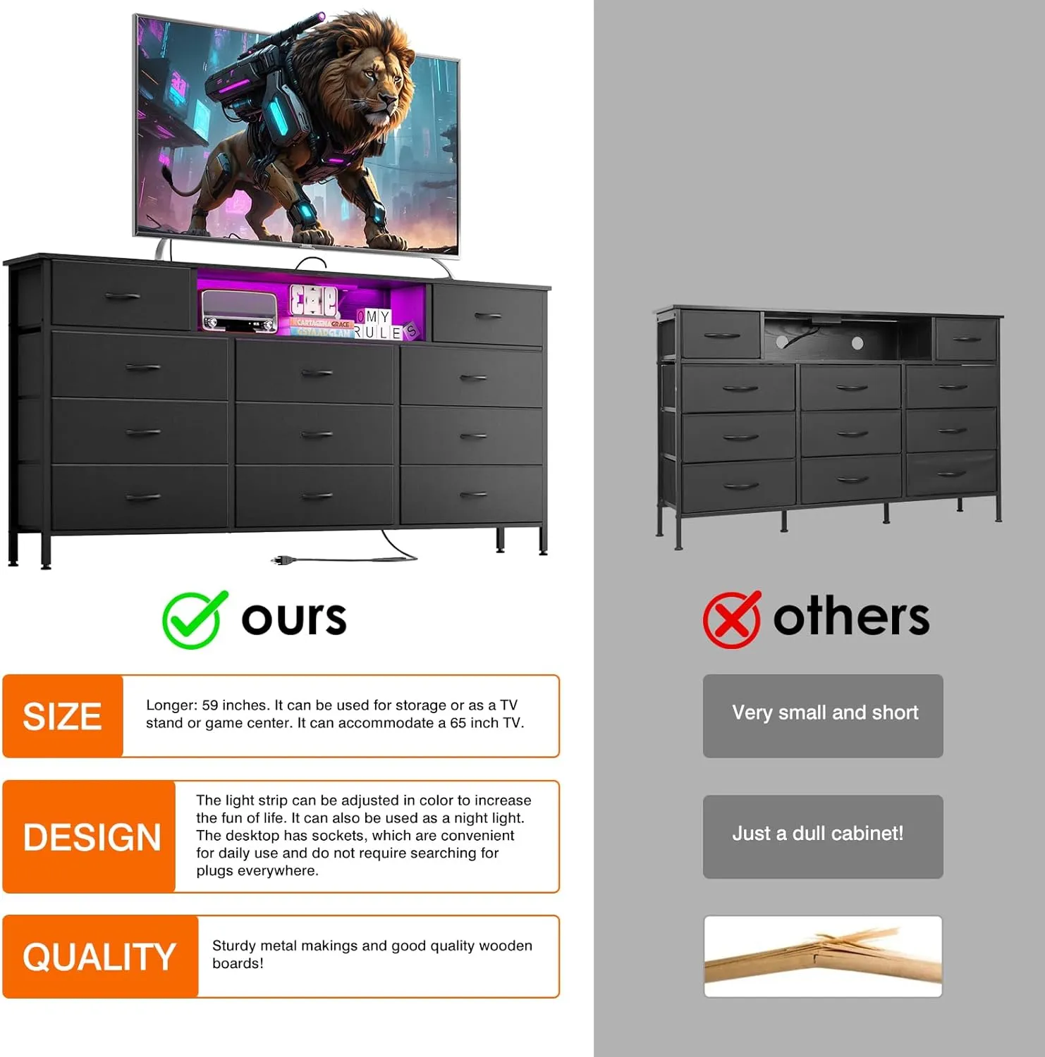 Fixwal Long Dresser for Bedroom with Charging Station and LED Lights, Black Dresser TV Stand with 11 Drawers, Fabric Chest of Drawers with PU Finish for Bedroom, Living Room, Entryway