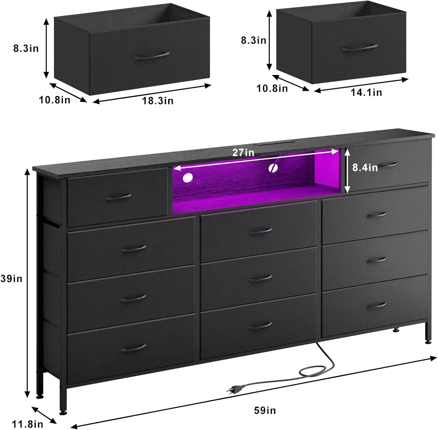 Fixwal Long Dresser for Bedroom with Charging Station and LED Lights, Black Dresser TV Stand with 11 Drawers, Fabric Chest of Drawers with PU Finish for Bedroom, Living Room, Entryway