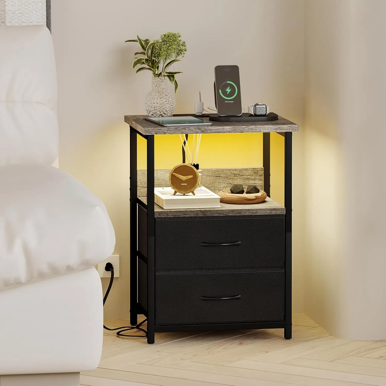 Fixwal Night Stand with Charging Station, LED Nightstand with U-S-B Ports and Outlets, 2 Fabric Storage Drawers with PU Finish, Bed Side Table, Greige