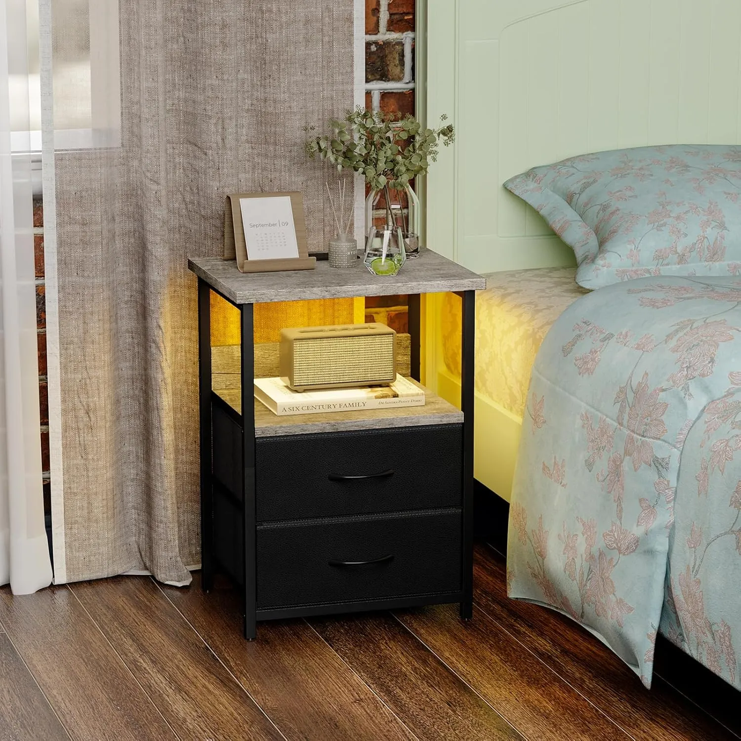 Fixwal Night Stand with Charging Station, LED Nightstand with U-S-B Ports and Outlets, 2 Fabric Storage Drawers with PU Finish, Bed Side Table, Greige