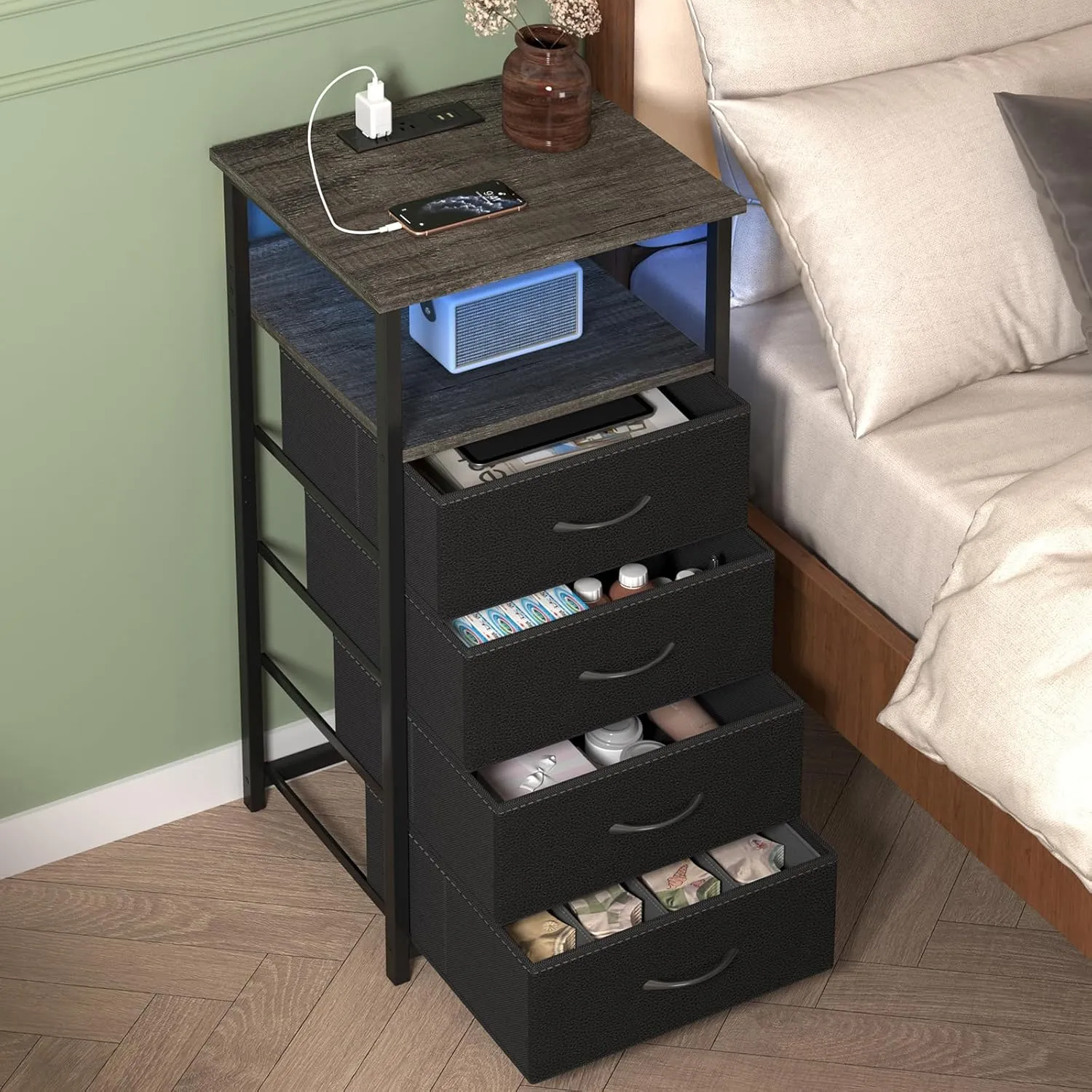 Fixwal Night Stand with Charging Station, Tall Nightstand with Drawers, 4 Fabric Storage Drawers with PU Finish, Small Dresser Bedside Table, Charcoal Gray