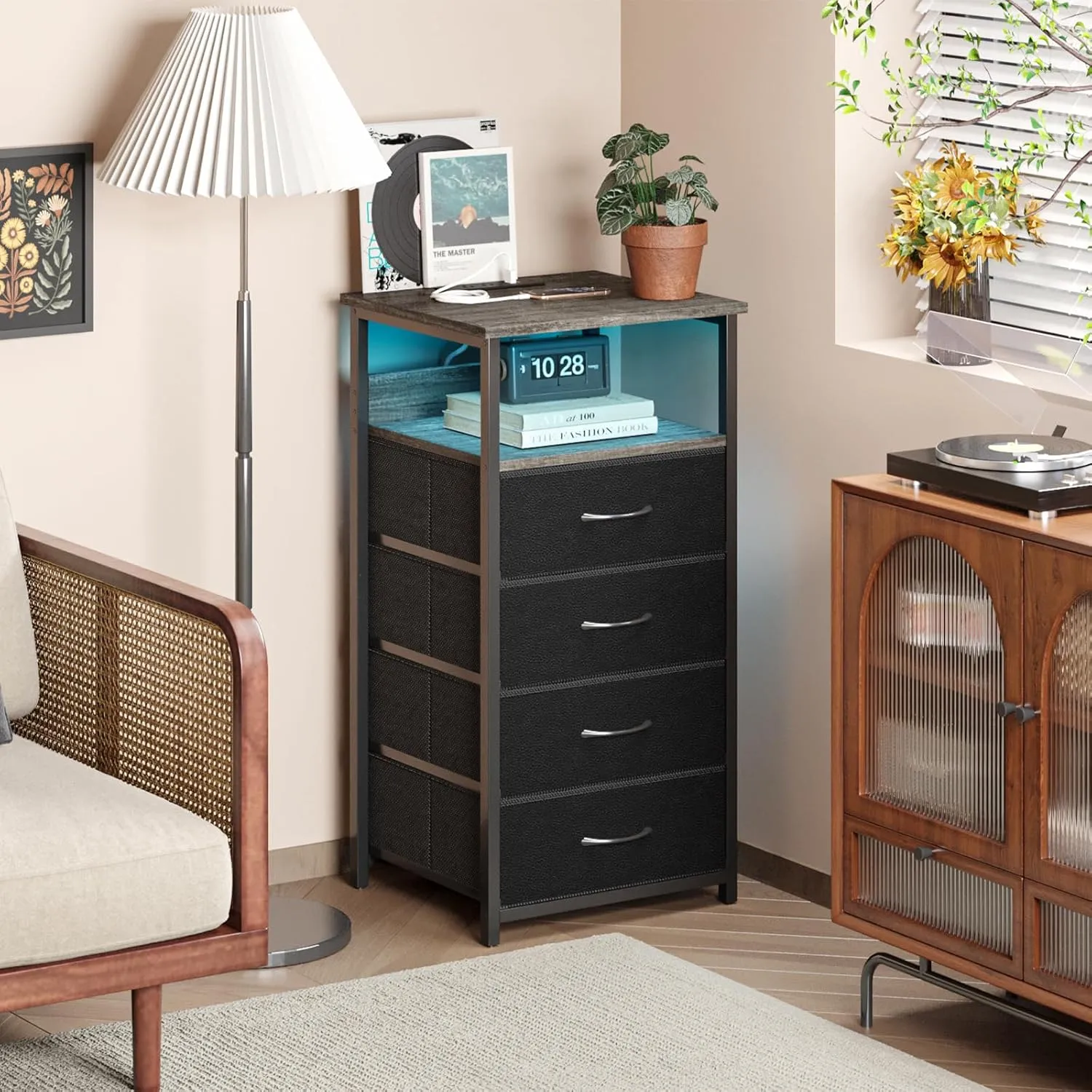 Fixwal Night Stand with Charging Station, Tall Nightstand with Drawers, 4 Fabric Storage Drawers with PU Finish, Small Dresser Bedside Table, Charcoal Gray