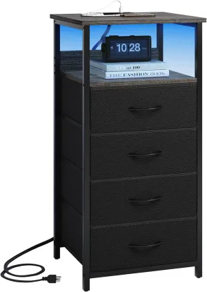 Fixwal Night Stand with Charging Station, Tall Nightstand with Drawers, 4 Fabric Storage Drawers with PU Finish, Small Dresser Bedside Table, Charcoal Gray