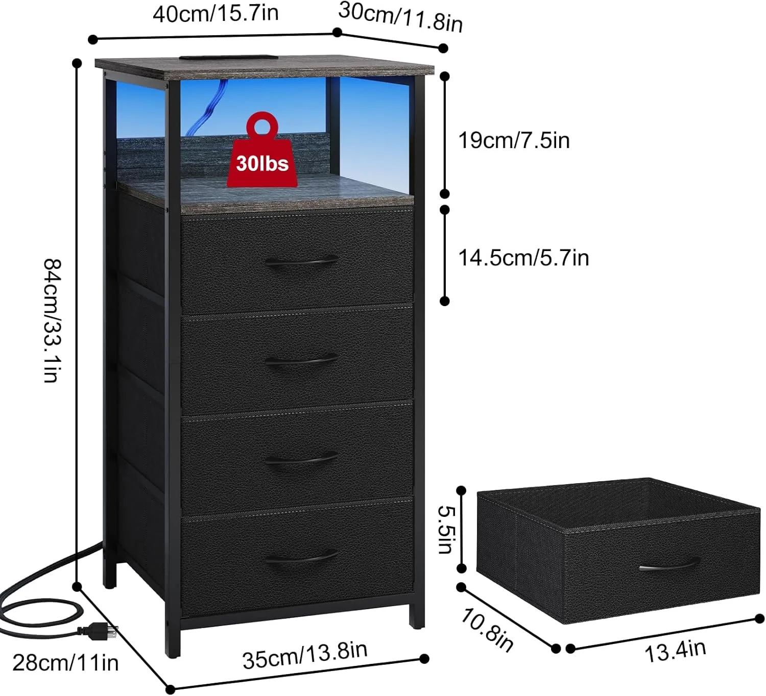 Fixwal Night Stand with Charging Station, Tall Nightstand with Drawers, 4 Fabric Storage Drawers with PU Finish, Small Dresser Bedside Table, Charcoal Gray
