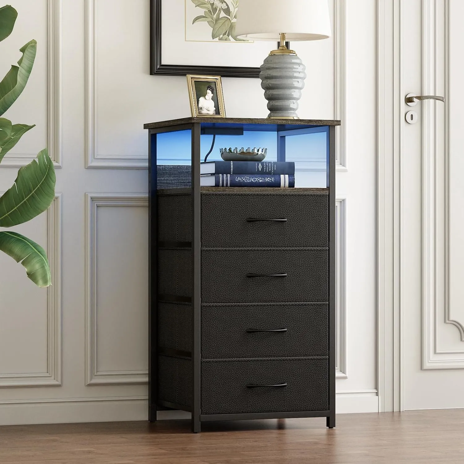 Fixwal Night Stand with Charging Station, Tall Nightstand with Drawers, 4 Fabric Storage Drawers with PU Finish, Small Dresser Bedside Table, Charcoal Gray