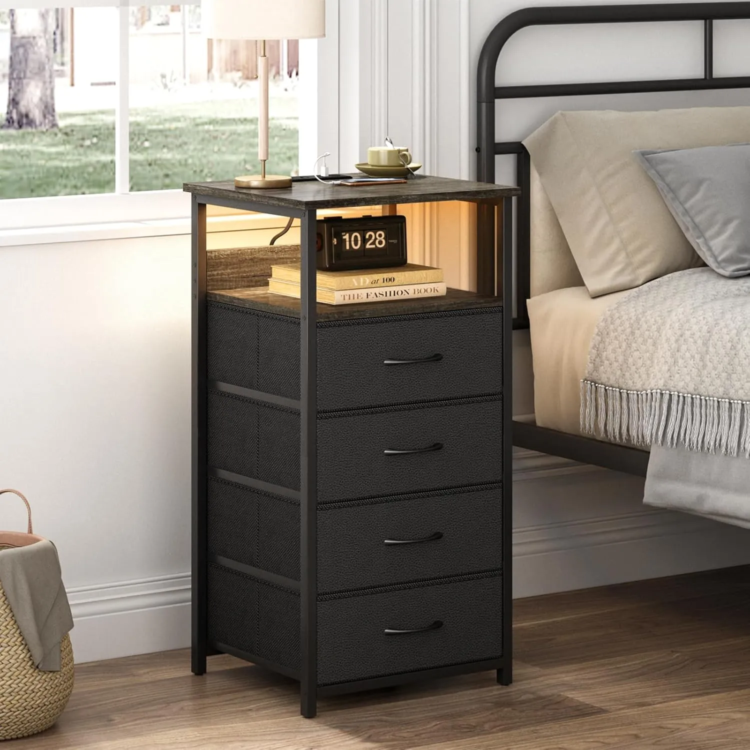 Fixwal Night Stand with Charging Station, Tall Nightstand with Drawers, 4 Fabric Storage Drawers with PU Finish, Small Dresser Bedside Table, Charcoal Gray