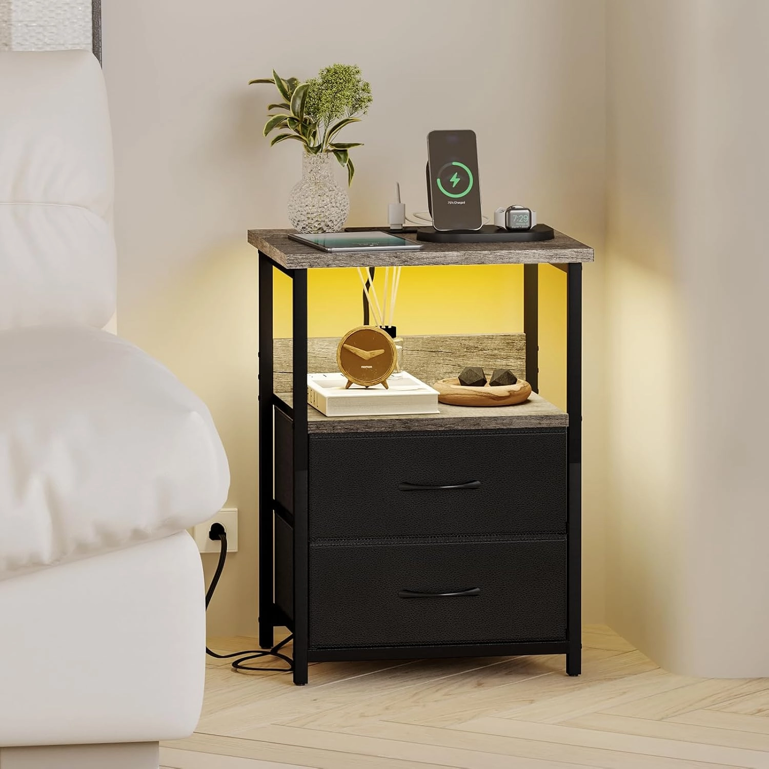 Fixwal Night Stand with Charging Station, LED Nightstand with U-S-B Ports and Outlets, 2 Fabric Storage Drawers with PU Finish, Bed Side Table, Greige