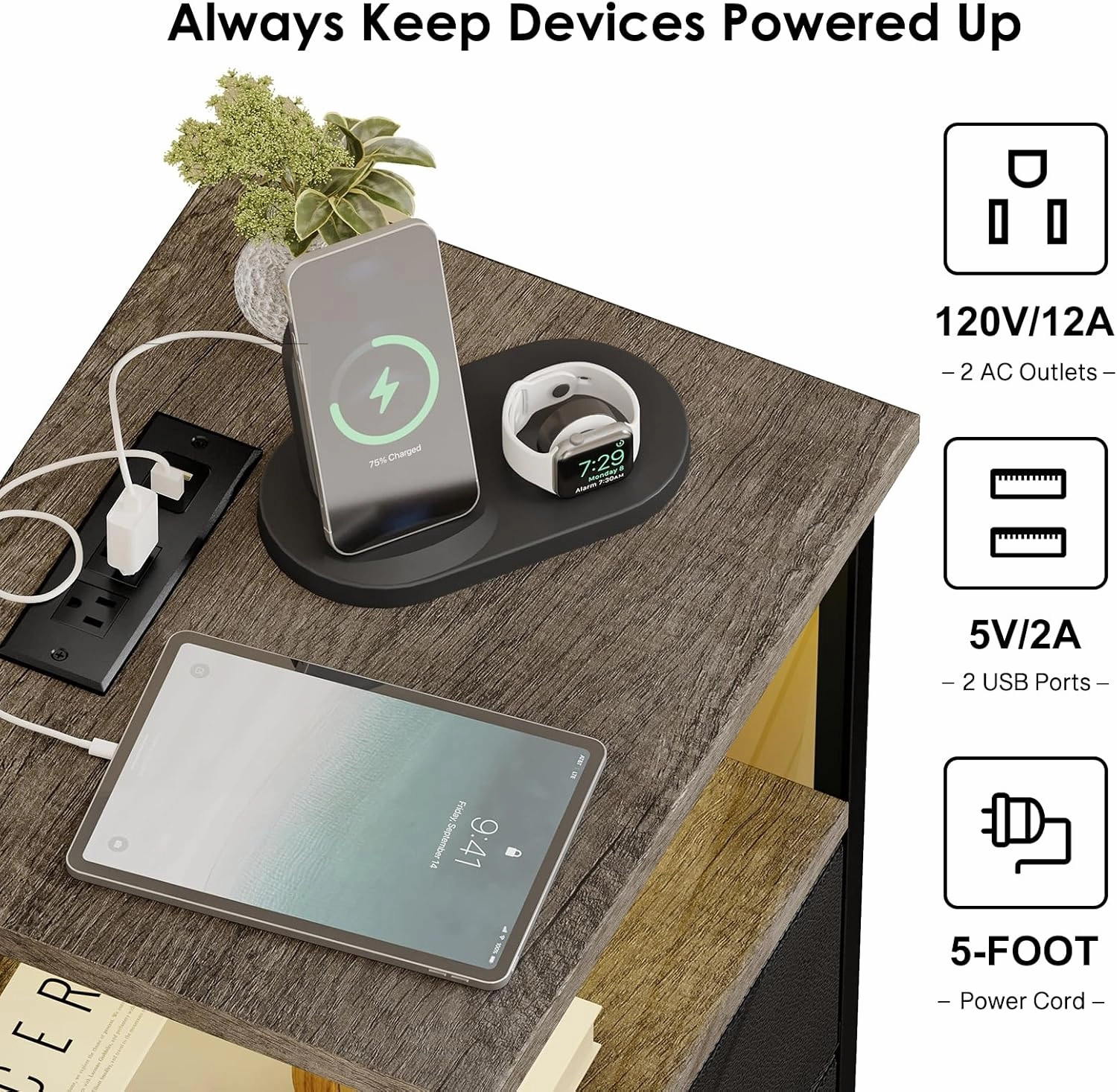 Fixwal Night Stand with Charging Station, LED Nightstand with U-S-B Ports and Outlets, 2 Fabric Storage Drawers with PU Finish, Bed Side Table, Greige