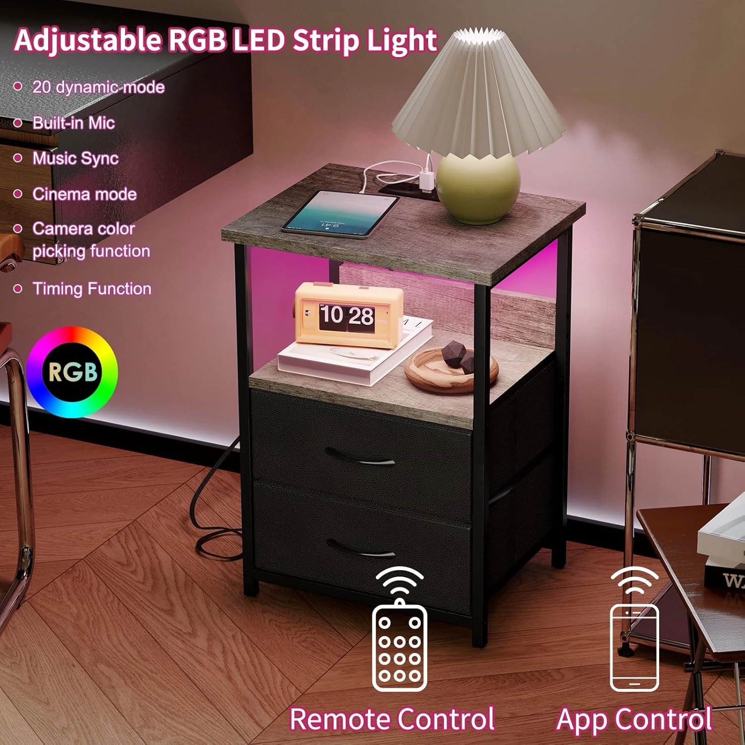 Fixwal Night Stand with Charging Station, LED Nightstand with U-S-B Ports and Outlets, 2 Fabric Storage Drawers with PU Finish, Bed Side Table, Greige