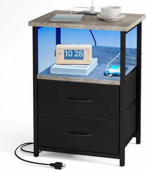 Fixwal Night Stand with Charging Station, LED Nightstand with U-S-B Ports and Outlets, 2 Fabric Storage Drawers with PU Finish, Bed Side Table, Greige