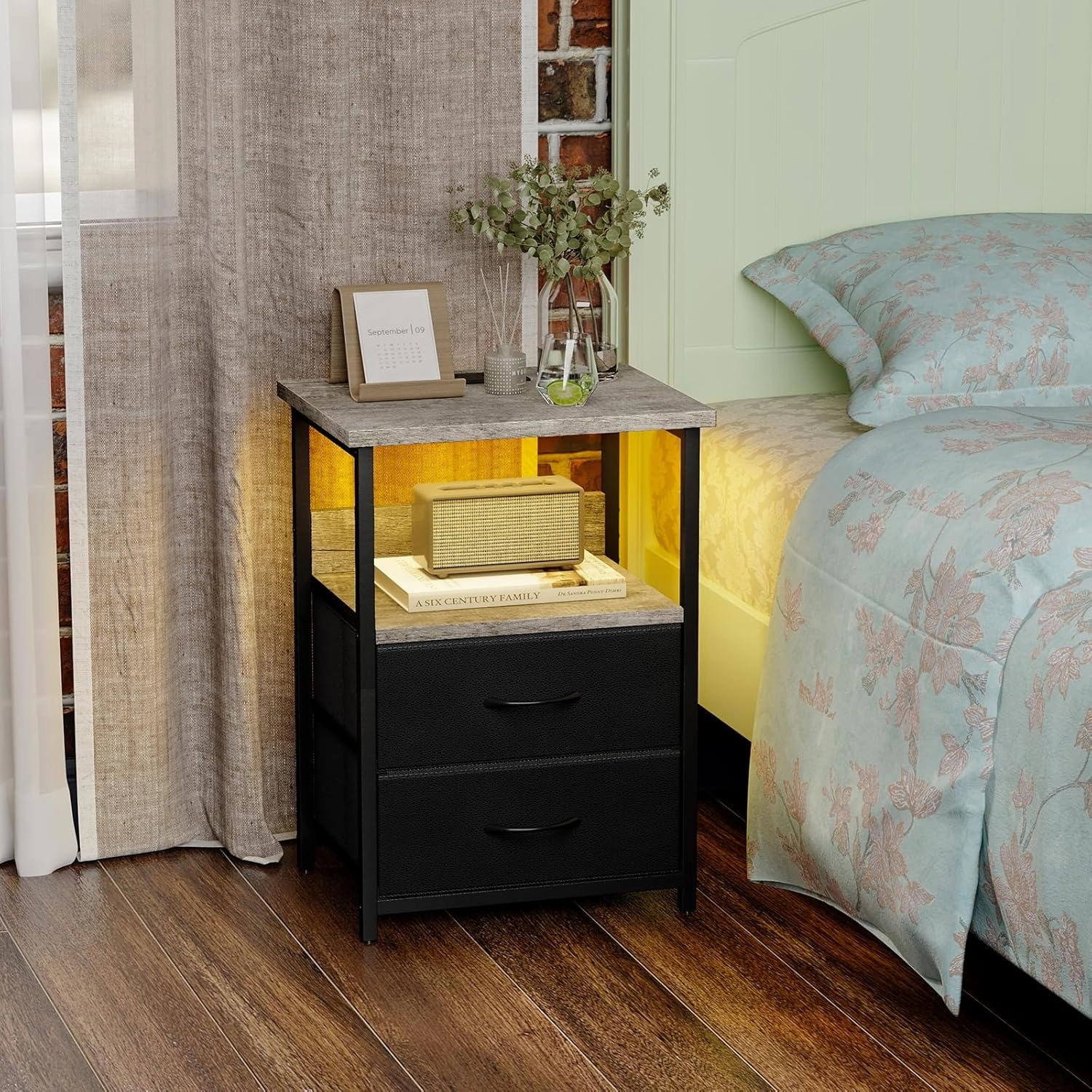 Fixwal Night Stand with Charging Station, LED Nightstand with U-S-B Ports and Outlets, 2 Fabric Storage Drawers with PU Finish, Bed Side Table, Greige