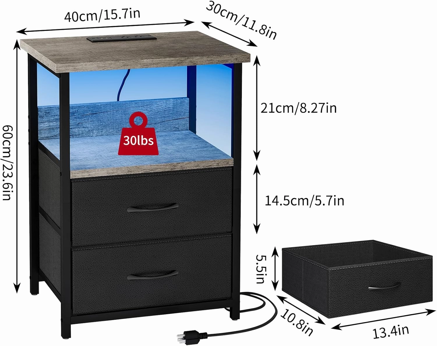 Fixwal Night Stand with Charging Station, LED Nightstand with U-S-B Ports and Outlets, 2 Fabric Storage Drawers with PU Finish, Bed Side Table, Greige