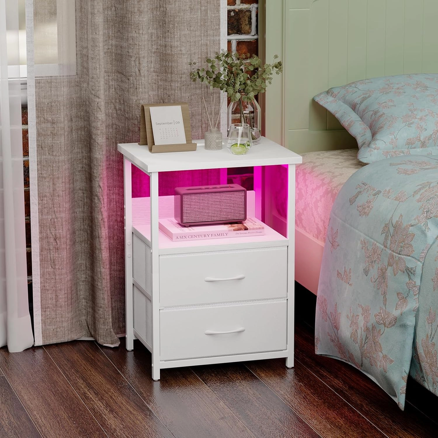 Fixwal Night Stand with Charging Station, LED Nightstand with U-S-B Ports and Outlets, 2 Fabric Storage Drawers with PU Finish, Bed Side Table, White