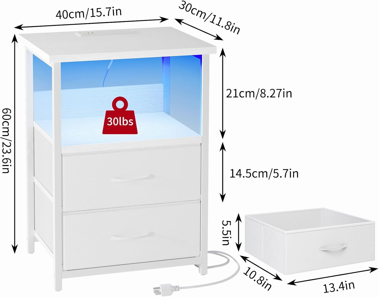 Fixwal Night Stand with Charging Station, LED Nightstand with U-S-B Ports and Outlets, 2 Fabric Storage Drawers with PU Finish, Bed Side Table, White