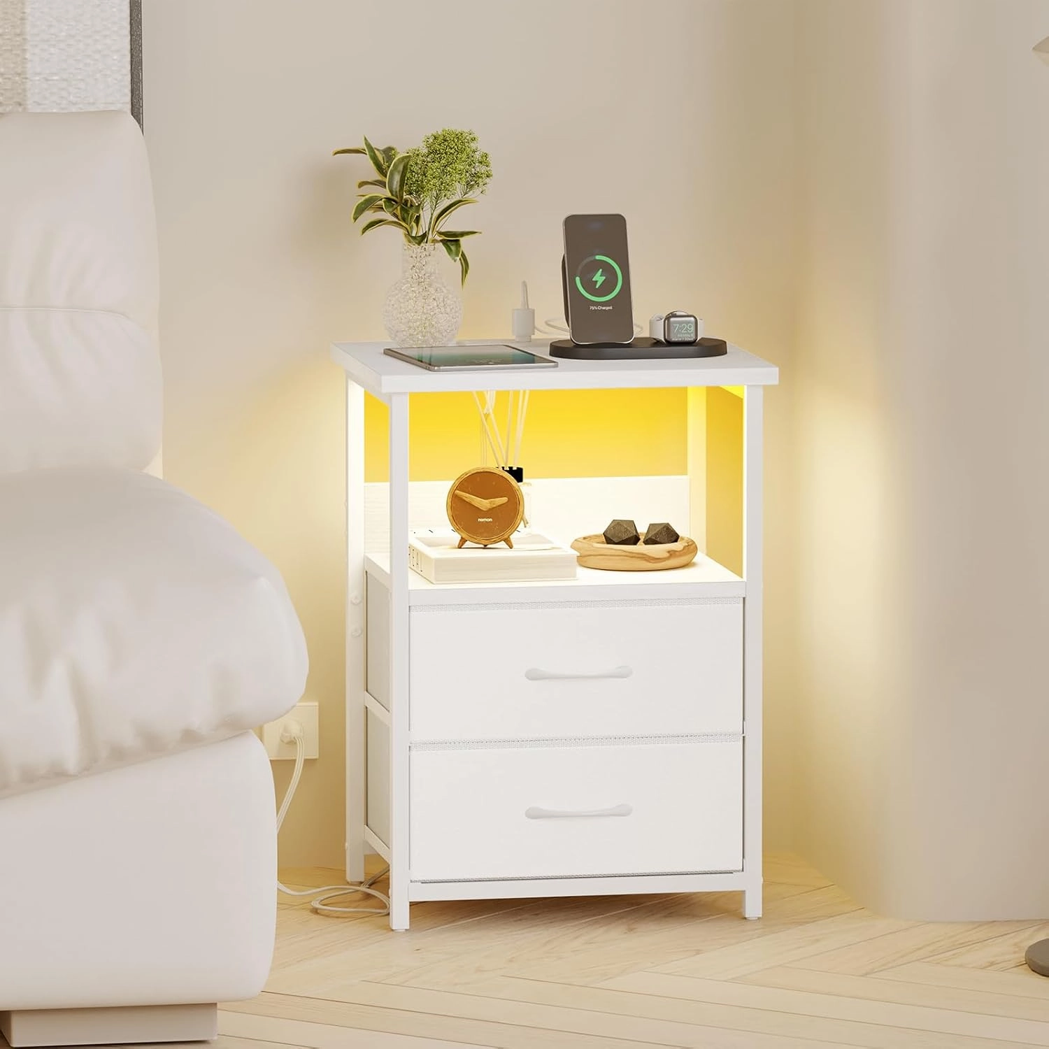 Fixwal Night Stand with Charging Station, LED Nightstand with U-S-B Ports and Outlets, 2 Fabric Storage Drawers with PU Finish, Bed Side Table, White