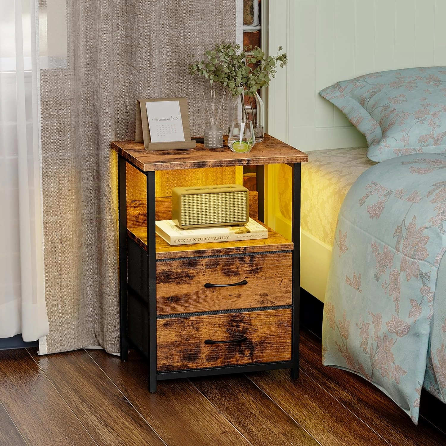 Fixwal Night Stand with Charging Station, LED Nightstand with U-S-B Ports and Outlets, 2 Fabric Storage Drawers with PU Finish, Bedside Table, Rustic Brown