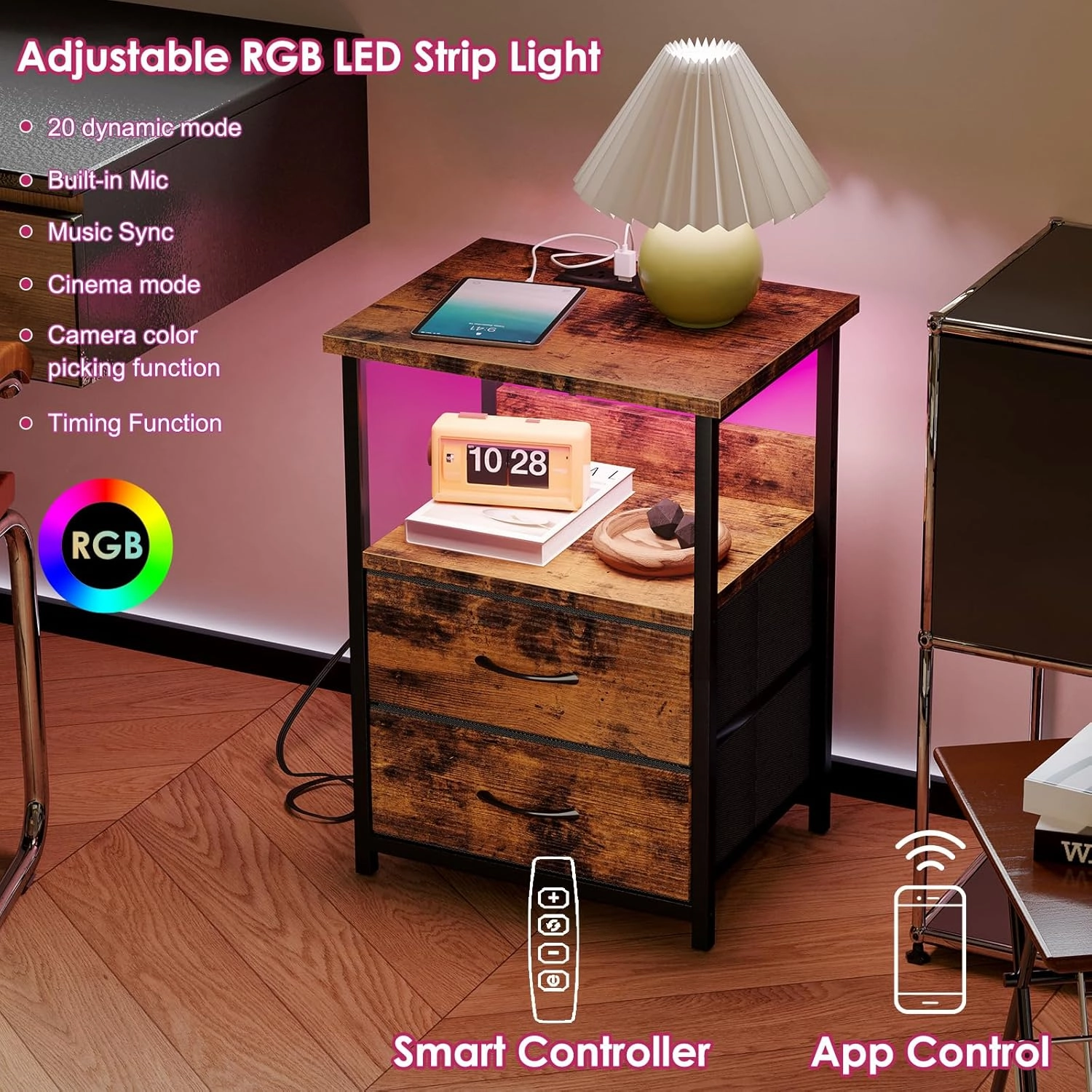 Fixwal Night Stand with Charging Station, LED Nightstand with U-S-B Ports and Outlets, 2 Fabric Storage Drawers with PU Finish, Bedside Table, Rustic Brown