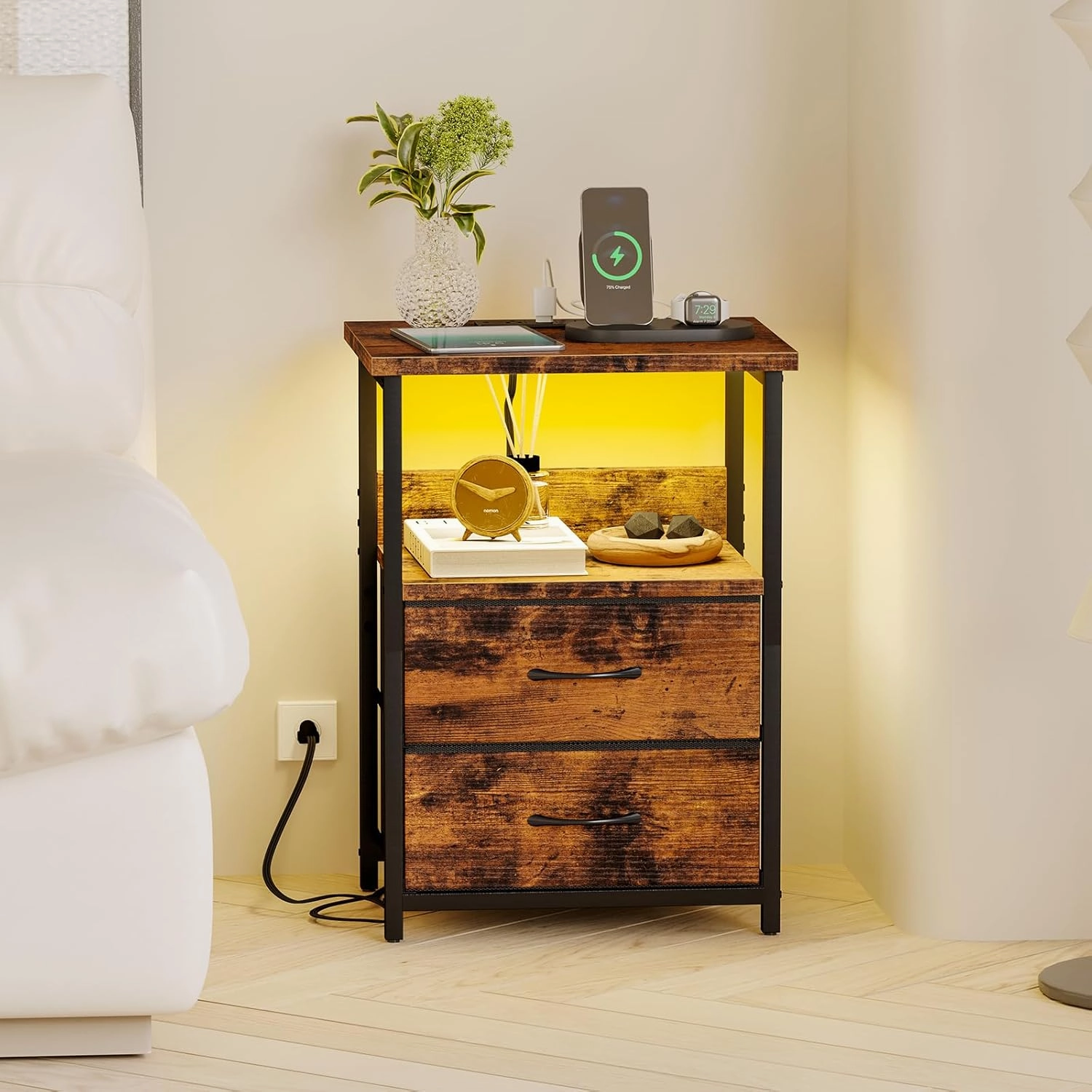 Fixwal Night Stand with Charging Station, LED Nightstand with U-S-B Ports and Outlets, 2 Fabric Storage Drawers with PU Finish, Bedside Table, Rustic Brown