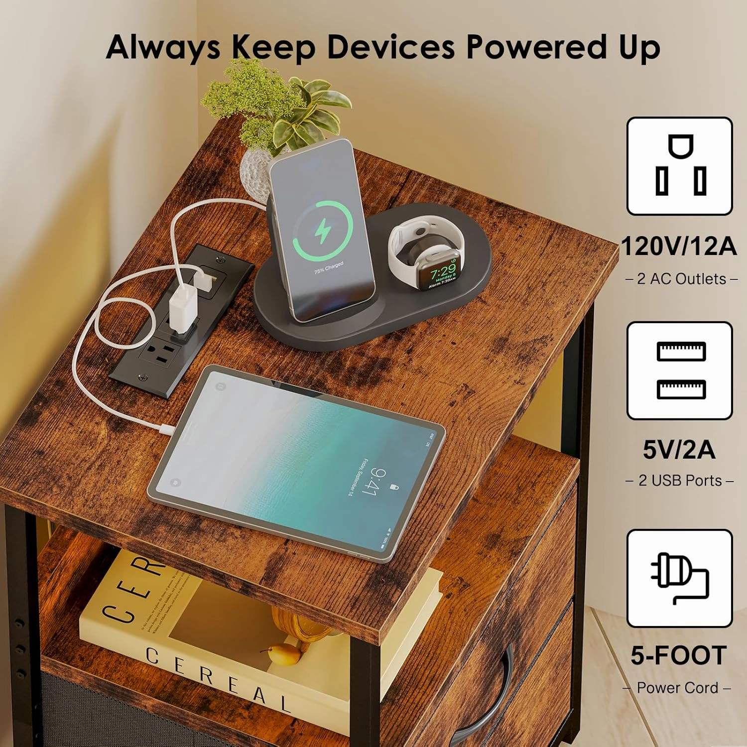 Fixwal Night Stand with Charging Station, LED Nightstand with U-S-B Ports and Outlets, 2 Fabric Storage Drawers with PU Finish, Bedside Table, Rustic Brown