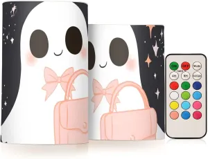 Flameless Candles Cute Halloween Handbag with Remote Set of 2 - No Batteries Included, 3” Diameter Battery Candles Flickering with Timer, LED Pillar Votive Candles for Outdoor Indoor