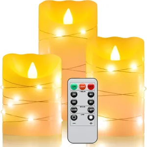 Flameless Flickering Candle, Pillar Candle,with Embedded String Lights,3 Pack LED Romantic Candle with Remote Control, Battery Operated Real Wax, Ideal for Wedding, Home decorand Holiday (Ivory)