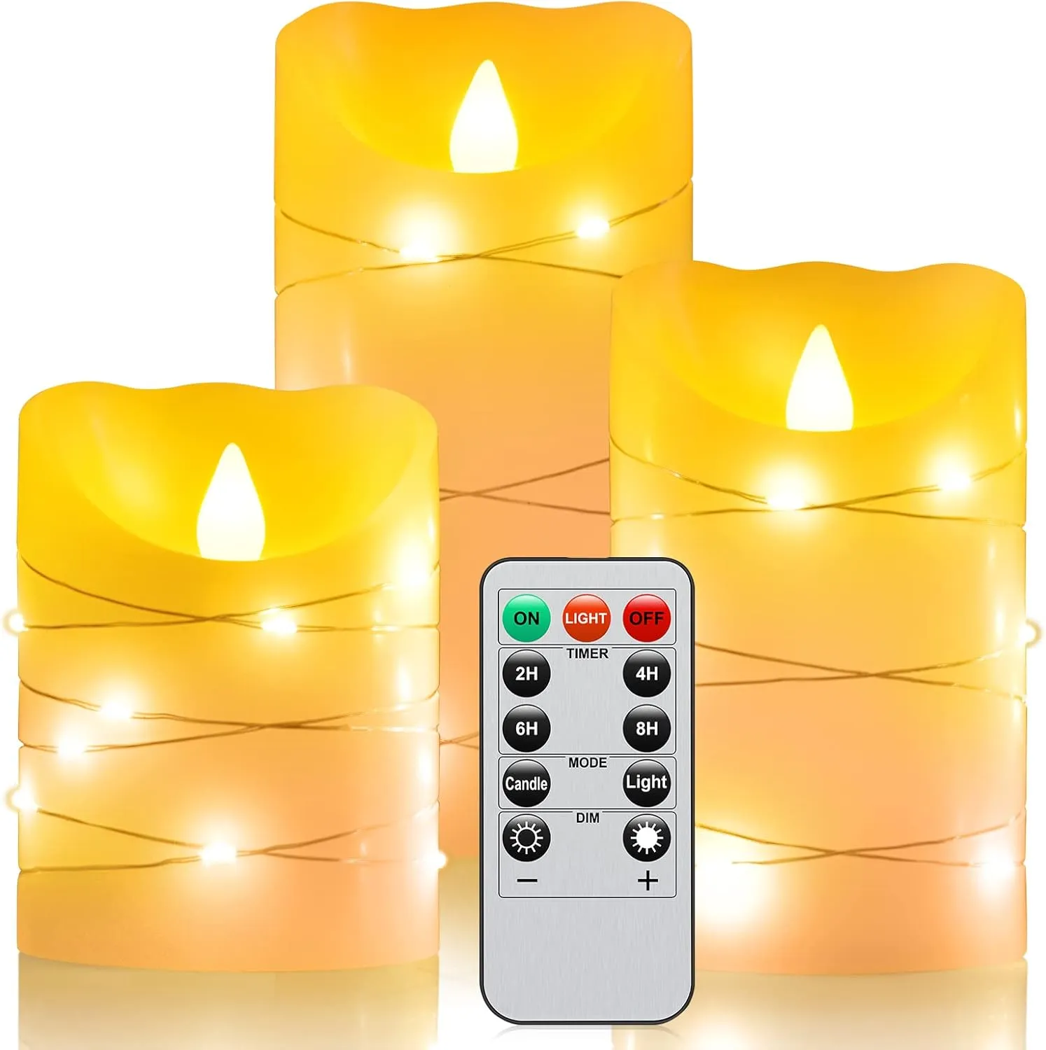 Flameless Flickering Candle, Pillar Candle,with Embedded String Lights,3 Pack LED Romantic Candle with Remote Control, Battery Operated Real Wax, Ideal for Wedding, Home decorand Holiday (Ivory)