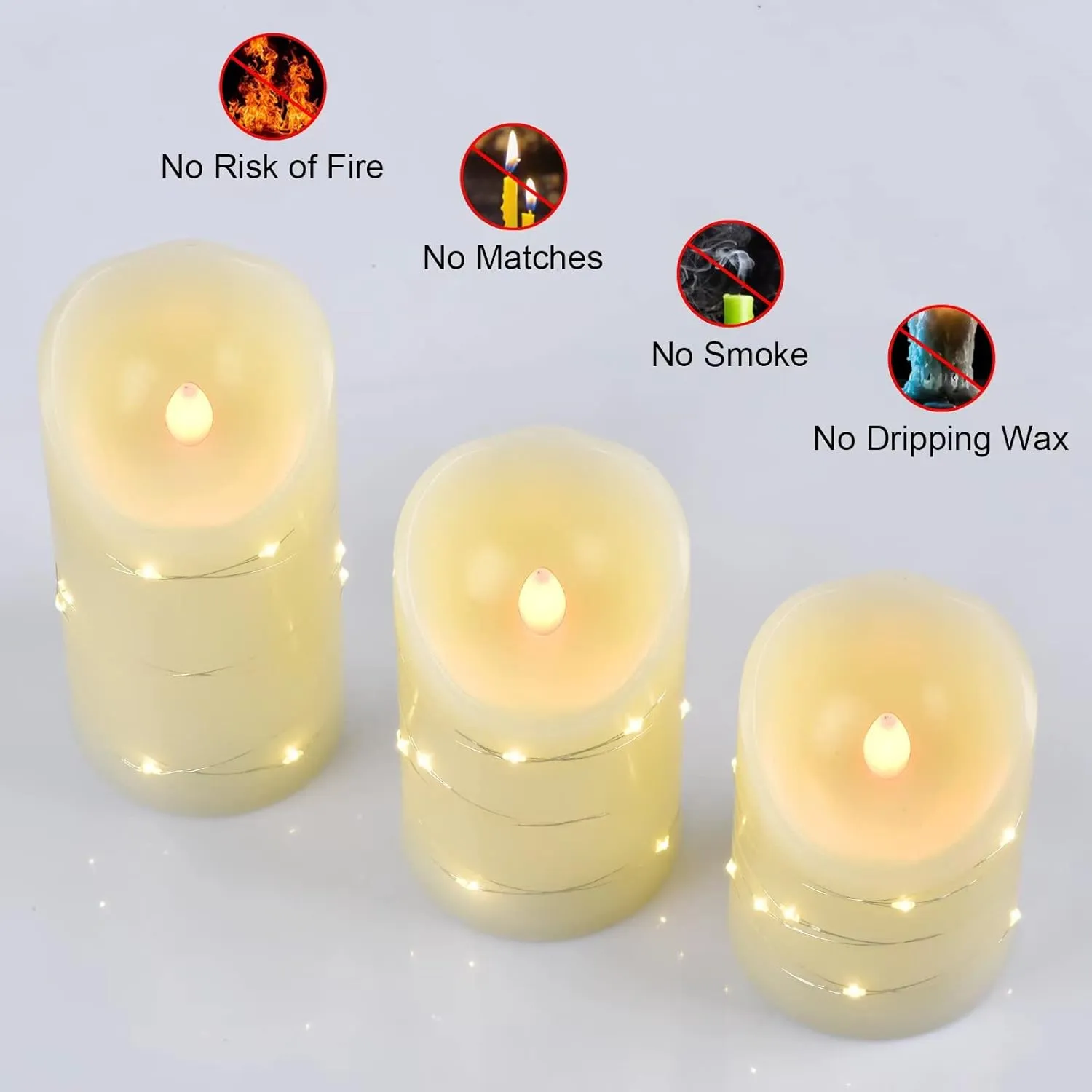 Flameless Flickering Candle, Pillar Candle,with Embedded String Lights,3 Pack LED Romantic Candle with Remote Control, Battery Operated Real Wax, Ideal for Wedding, Home decorand Holiday (Ivory)
